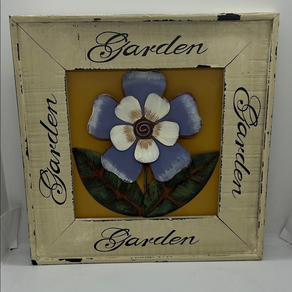 Sculpted Metal Flower Wall Hanging With a Rustic Wooden Frame Size 12x12 inches.